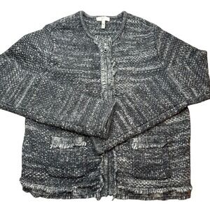 Joie Women's Small Gray Wool Blend Full Zip Sweater Fringe Trim Pockets Classic
